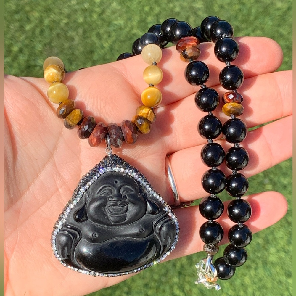 Obsidian Bling Buddha Tigers eye Ombre & obsidian beaded short necklace HANDMADE
